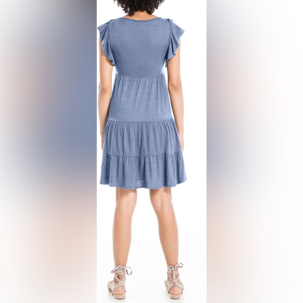 NWT Max Studio Ruffle Cap Sleeve Tiered Jersey Babydoll Dress Green Stripe - Picture 2 of 8
